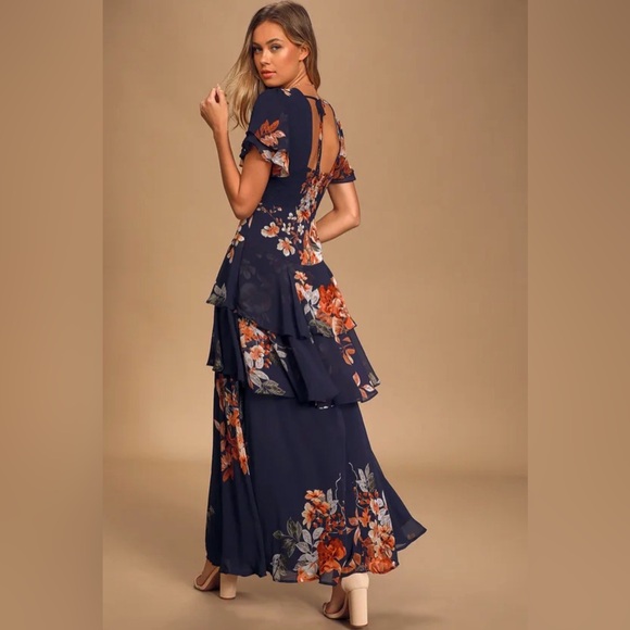 Lulus Midnight Mood Navy Blue Floral Print Tiered Maxi Dress - Size XL - Picture 3 of 3